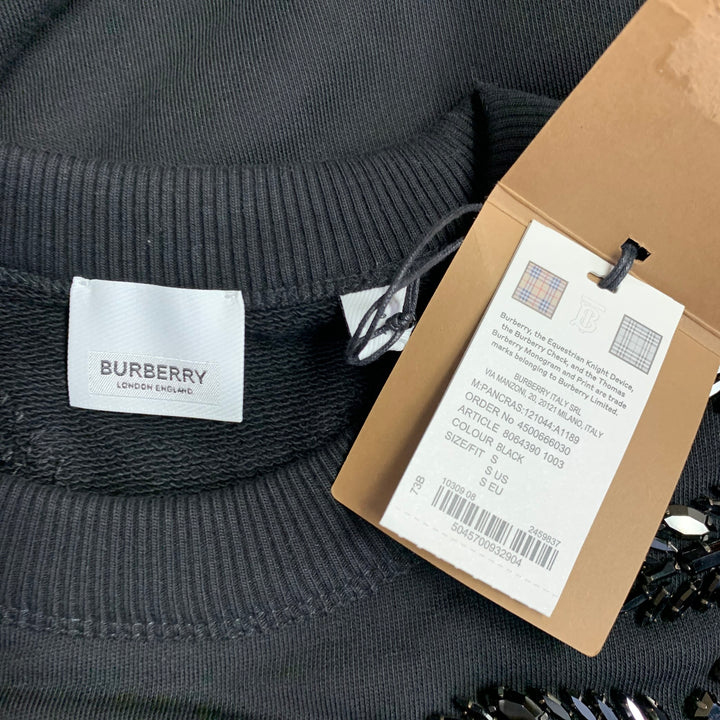 BURBERRY Size S Pancras Black Crystal Embellishment Cotton Crew Neck Sweatshirt