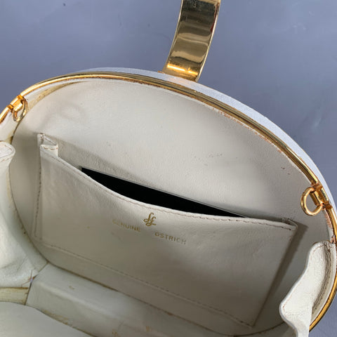 VINTAGE White Gold Ostrich Leather Round Clutch