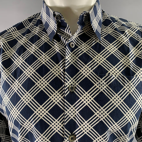 PRADA Size S Navy White Geometric Pointed Collar Long Sleeve Shirt
