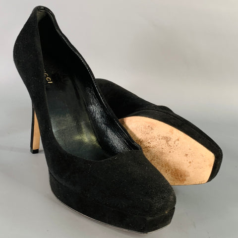 GUCCI Size 10 Black Suede Stiletto Platform Heels Pumps