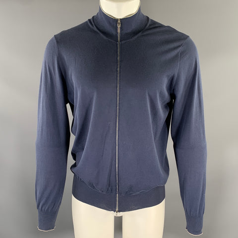 BRUNELLO CUCINELLI Size M Navy Grey Cotton Zip Mock Neck Sweater