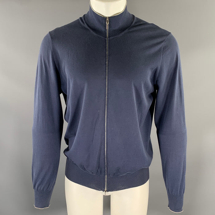 BRUNELLO CUCINELLI Size M Navy Grey Cotton Zip Mock Neck Sweater