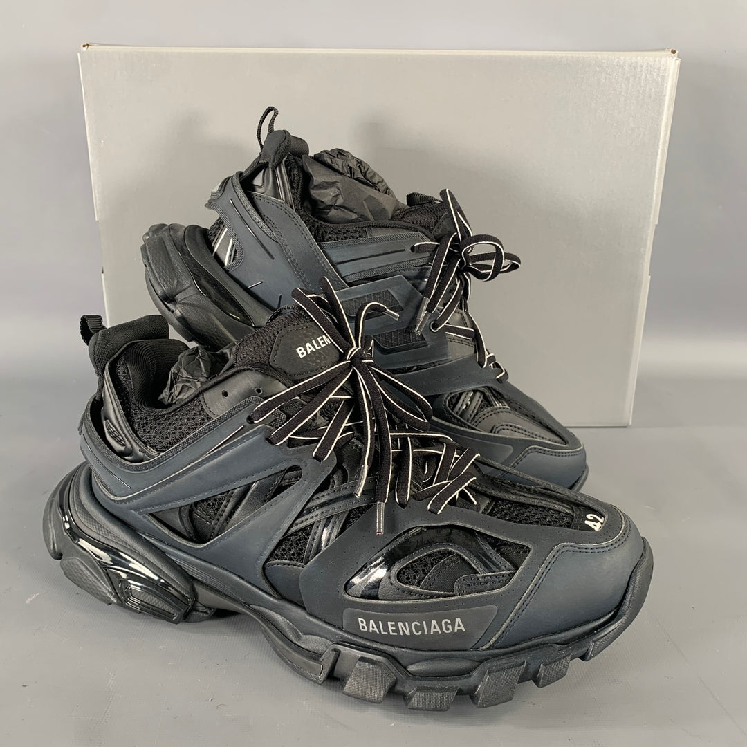 BALENCIAGA Size 9 Black Navy Mixed Patterns Mixed Fabrics Runner Sneakers