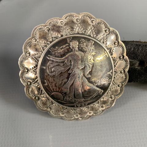 BUFFALO DANCER USA COIN SILVER Black Silver Concho Leather Sterling Belt