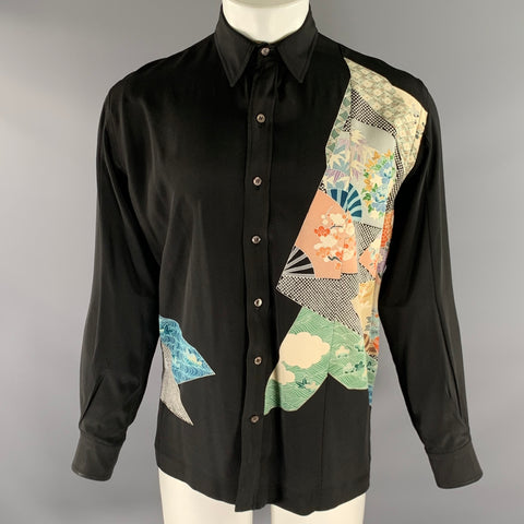 BASIL RACUK Size XL Black Floral Pointed Collar Long Sleeve Shirt