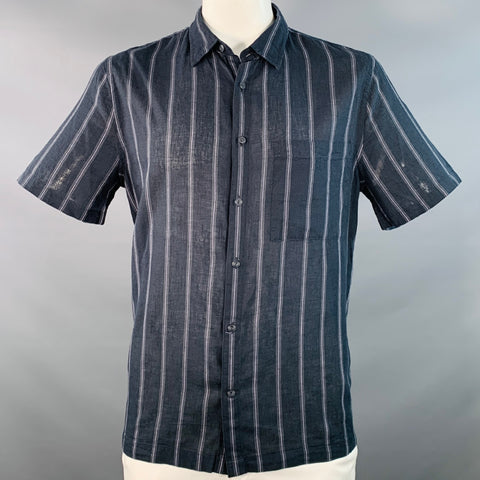 VINCE Size L Black Grey Stripe Linen Cotton Classic Fit One Pocket Short Sleeve Shirt