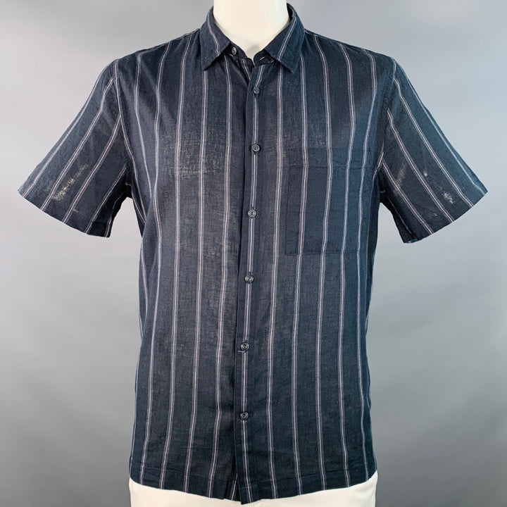 VINCE Size L Black Grey Stripe Linen Cotton Classic Fit One Pocket Short Sleeve Shirt
