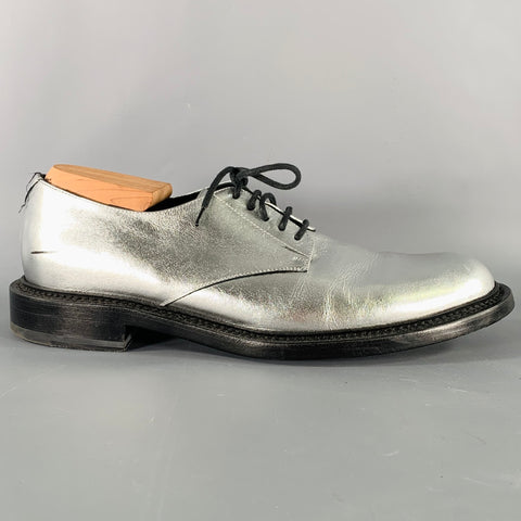 SAINT LAURENT Size 10 Silver Metallic Leather Derby Lace-Up Shoes