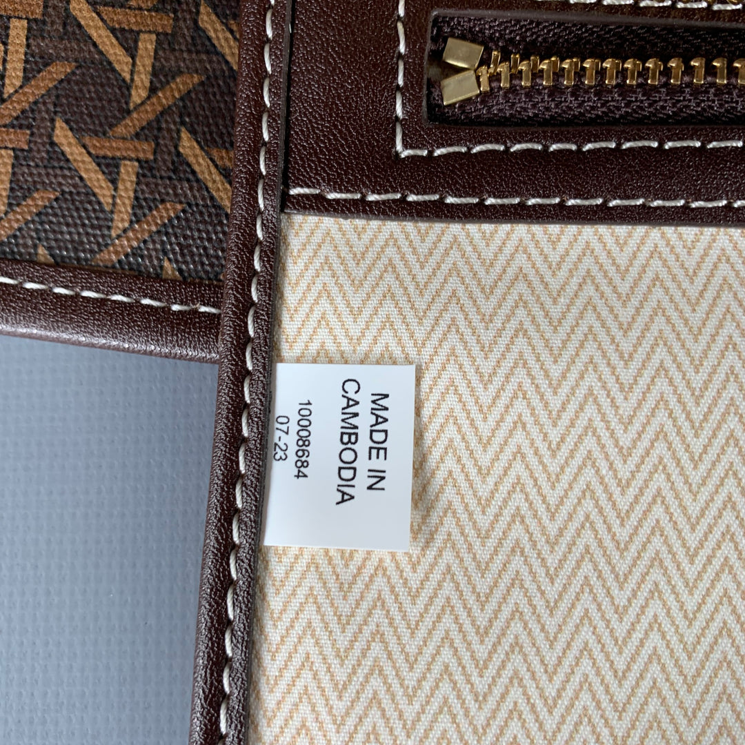 TORY BURCH Ever-Ready Brown Tan Monogram Coated Canvas Leather Tote Handbag