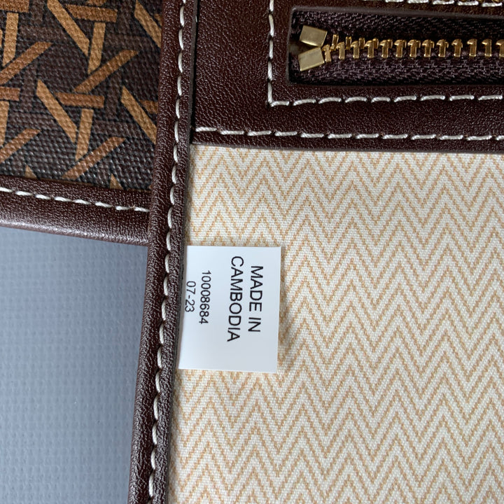 TORY BURCH Ever-Ready Brown Tan Monogram Coated Canvas Leather Tote Handbag