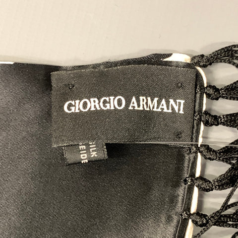 GIORGIO ARMANI Black White Print Silk Fringe Scarf Shawl