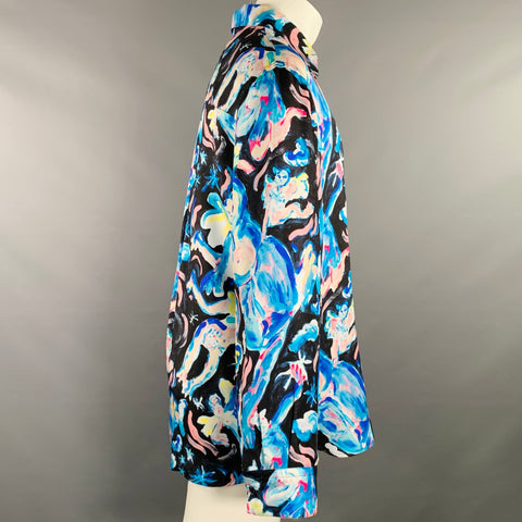 MARNI Size 40 Flaminia Veronesi Blue Black Print Silk Button Up Long Sleeve Shirt