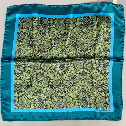 ERMENEGILDO ZEGNA Green Blue Paisley Silk Pocket Square