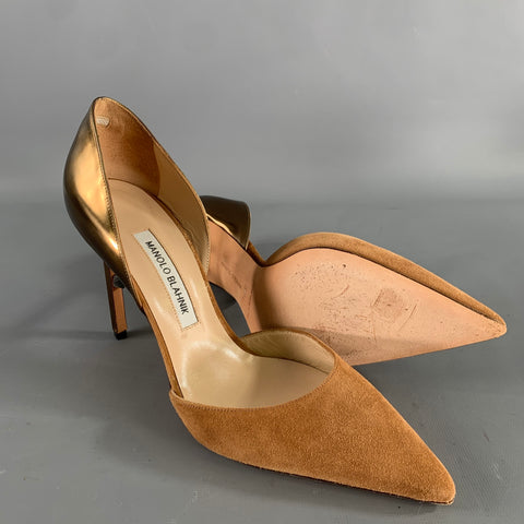 MANOLO BLAHNIK Size 9.5 Brown Metallic Suede Two Tone Suede Pointed Toe Pumps