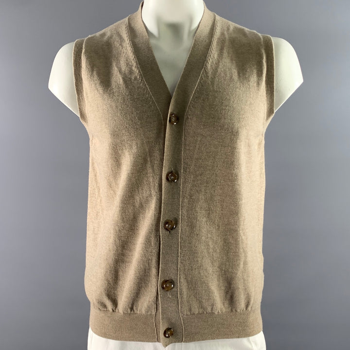 VELASCA Size L Tan Wool Ribbed Sweater Vest