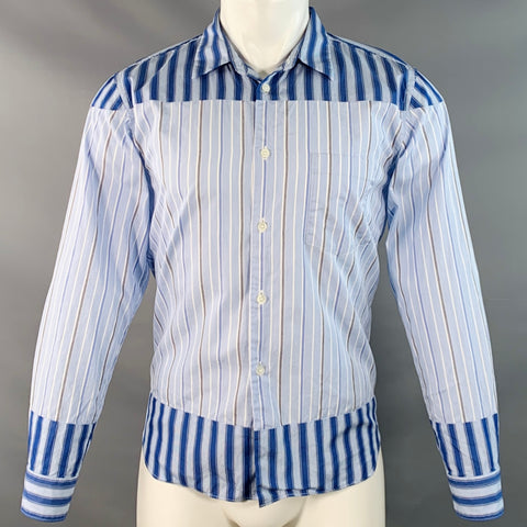 COMME des GARCONS Size S Blue White Stripe Cotton Patchwork Long Sleeve Shirt