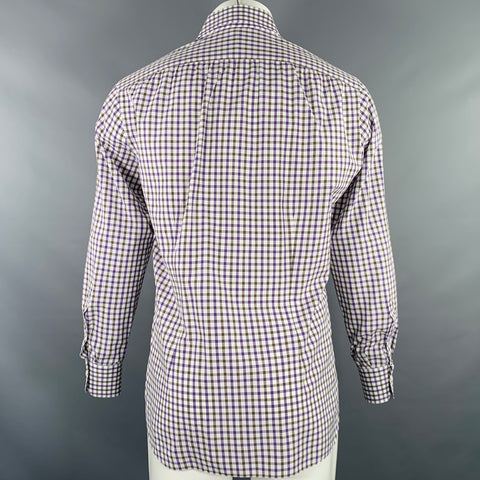 ISAIA Size M White Purple Brown Checkered Cotton Long Sleeve Shirt