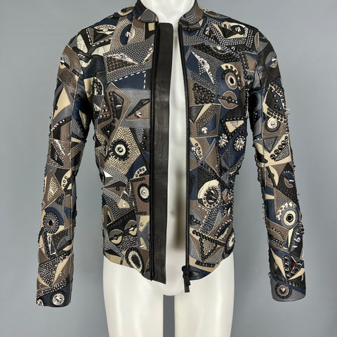 FENDI Printemps 2016 Taille 34 Gris Bleu Agneau Cerf Cuir Peau de Serpent Clouté Allover Monster Veste
