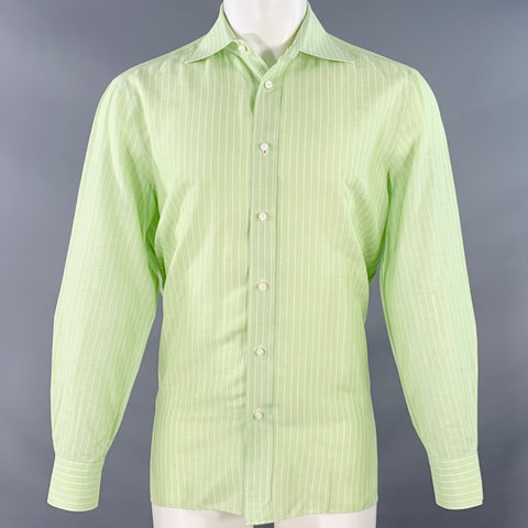 BORRELLI Size M Green White Stripe Cotton Linen Long Sleeve Shirt