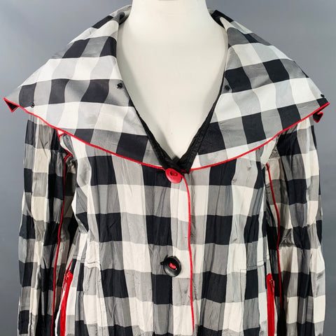 UBU Size XL Grey Black Red Polyester Blend Gingham Reversible Wide Collar Coat