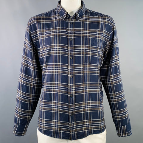 BILLY REID Size XL Navy Grey Plaid Cotton One Pocket Long Sleeve Shirt