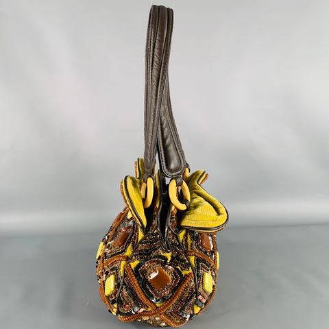 JAMIN PUECH Brown Yellow Beaded Cotton Leather Handbag