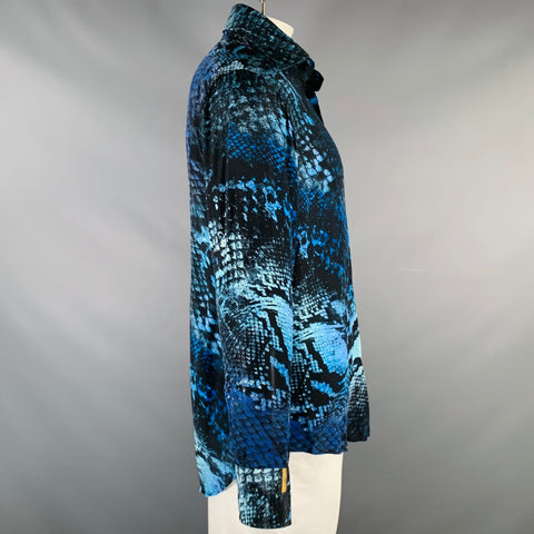 BILLIONAIRE COUTURE Size XL Black Blue Snake Silk Button Up Long Sleeve Shirt