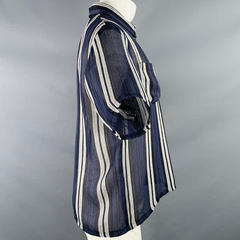 BRAIN DEAD Size M Navy Black White Stripe Polyester Blend Short Sleeve Shirt