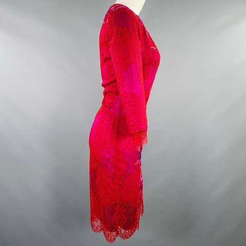 MATTHEW WILLIAMSON Size M Red Fuchsia Nylon Embroidered 3/4 Sleeves Dress