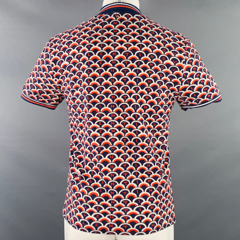 VALENTINO Size M Navy Orange White Fishscale Logo Cotton Pique Buttoned Polo