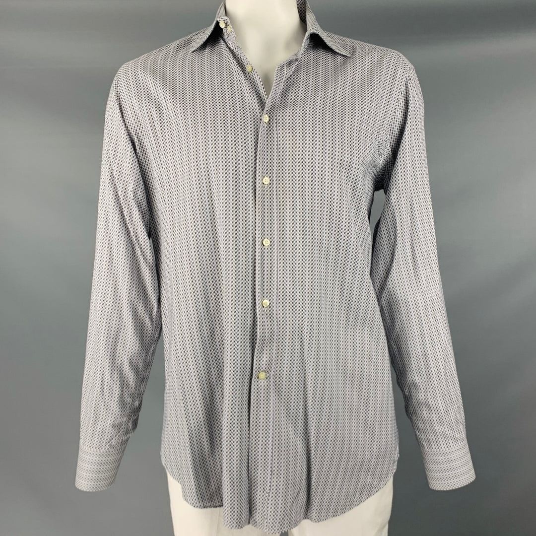 ETRO Size L Grey White Geometric Cotton Button Up Long Sleeve Shirt