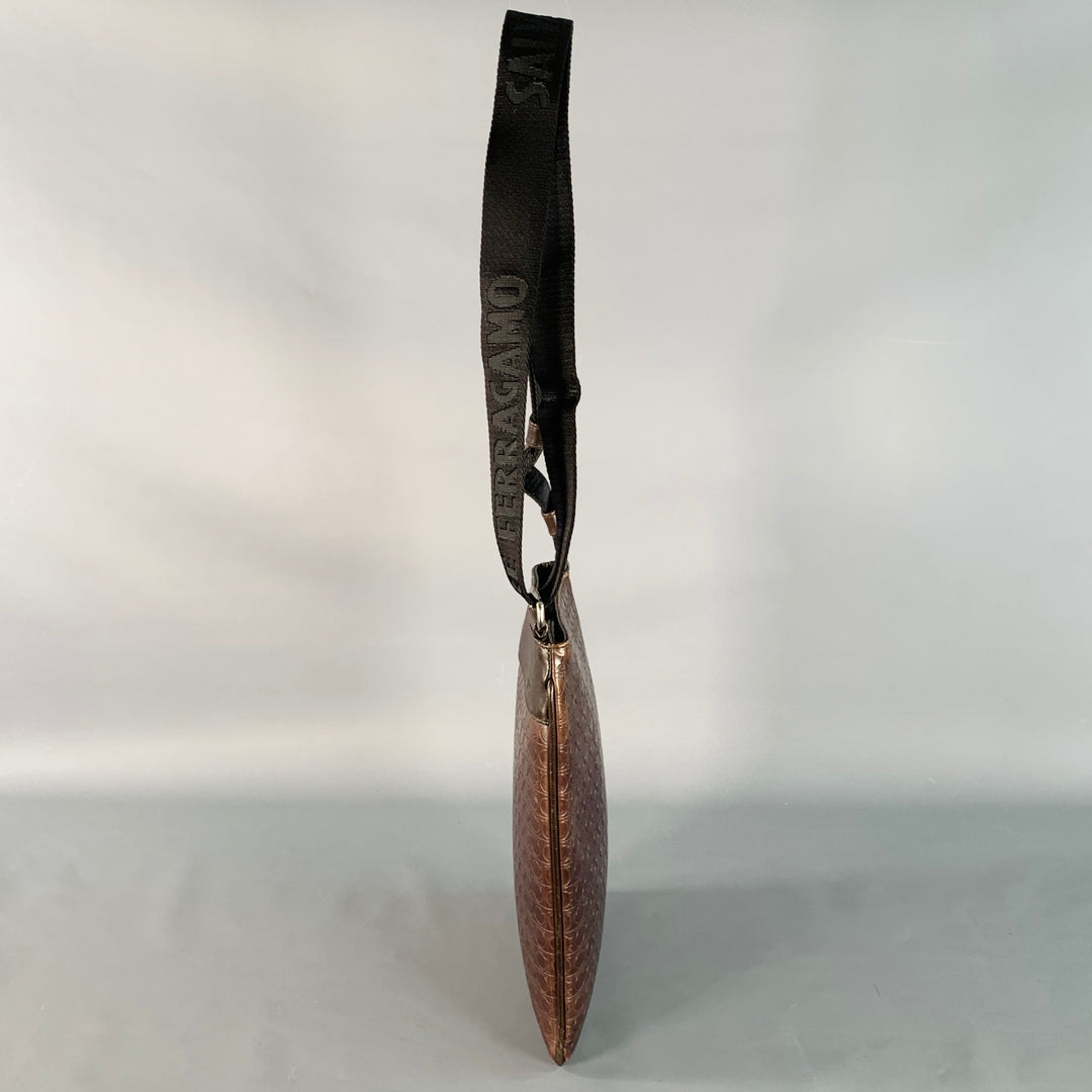 SALVATORE FERRAGAMO One Size Brown Black Leather Nylon Embossed Logo Crossbody Bag