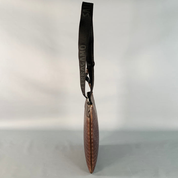 SALVATORE FERRAGAMO One Size Brown Black Leather Nylon Embossed Logo Crossbody Bag