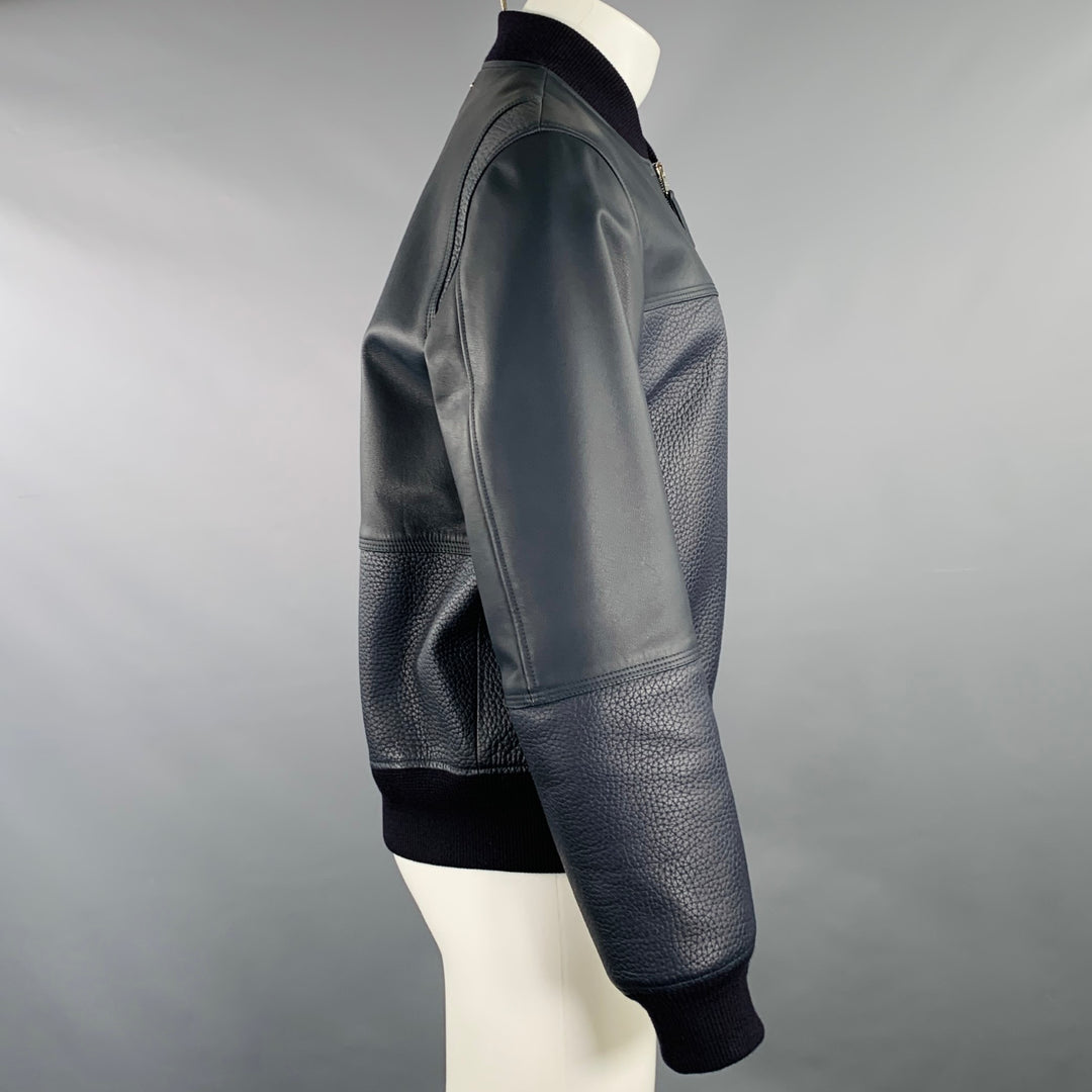 LOUIS VUITTON Size 40 Navy Textured Bull Leather Zip Up Blouson Jacket