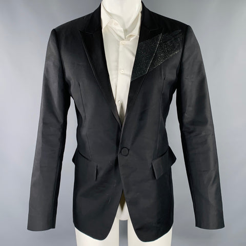 DSQUARED2 Size 40 Black Glitter Wool Silk Peak Lapel Sport Coat