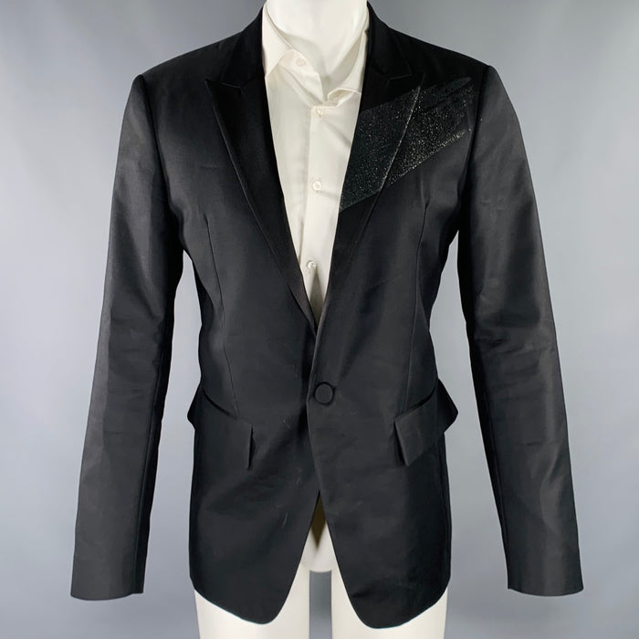 DSQUARED2 Size 40 Black Glitter Wool Silk Peak Lapel Sport Coat