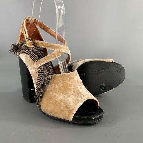 DRIES VAN NOTEN Size 7.5 Tan Black Velvet Fringe Ankle Strap Sandals