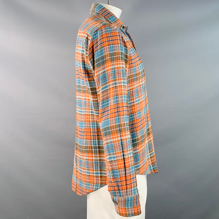 45rpm Size XL Blue Orange Plaid Cotton Curved Cutaway Flannel Long Sleeve Shirt