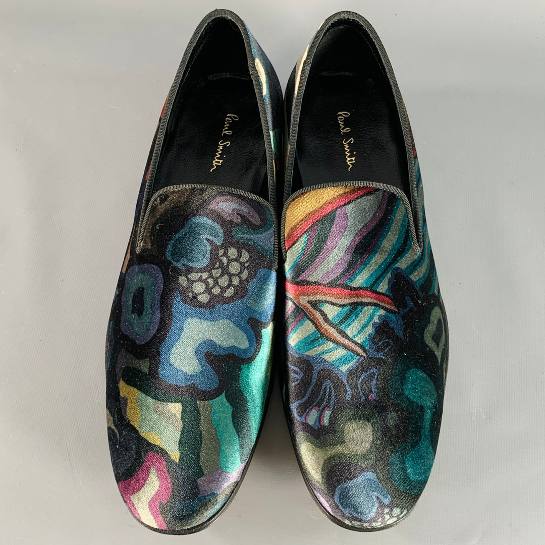 PAUL SMITH Size 8 Black Multi Color Abstract Print Velvet Slip On Loafers