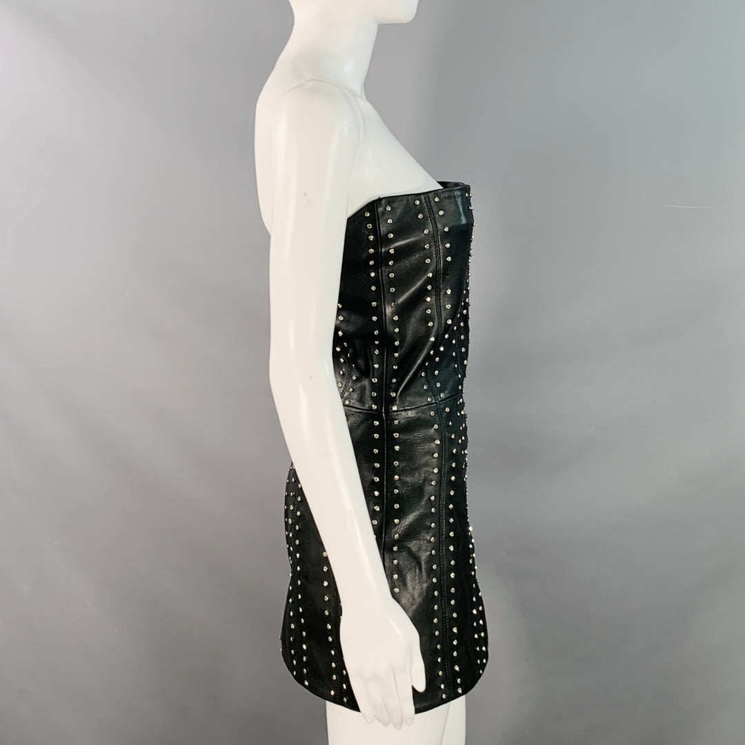 RETROFETE Size S Black Silver Leather Strapless Crystal Studded Mini Dress