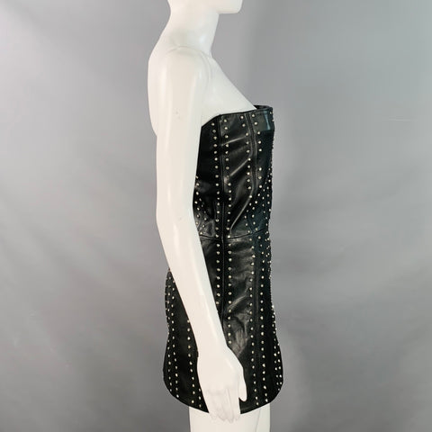 RETROFETE Size S Black Silver Leather Strapless Crystal Studded Mini Dress