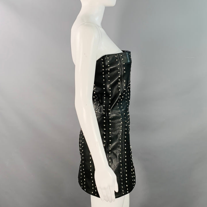 RETROFETE Size S Black Silver Leather Strapless Crystal Studded Mini Dress