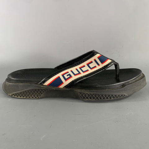 GUCCI Size 11 Black Canvas Thong Sandals