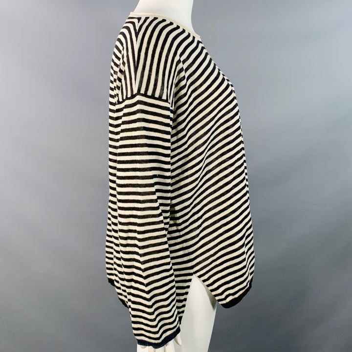 MAX MARA Size L White Black Linen Stripe Boxy Crew Neck Pullover