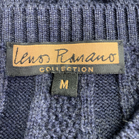 LENOR ROMANO Size M Navy Cable Knit Merino Wool V-Neck Pullover