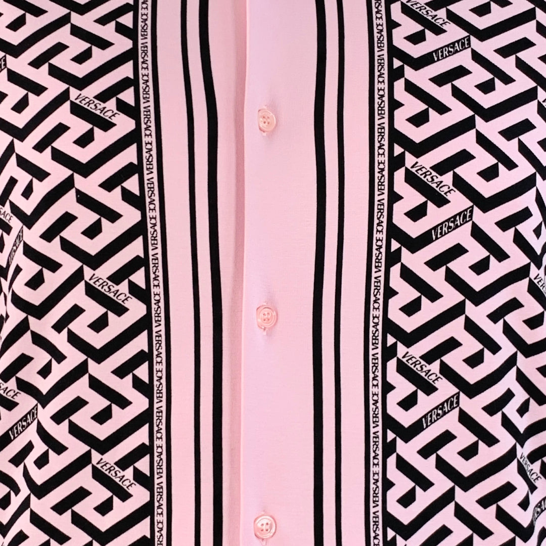 VERSACE Size 48 Pink Black Greca Viscose Point Collar Heritage Fit Long Sleeve Shirt