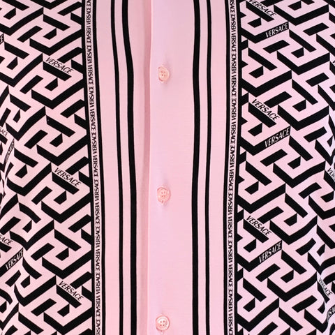 VERSACE Size 48 Pink Black Greca Viscose Point Collar Heritage Fit Long Sleeve Shirt