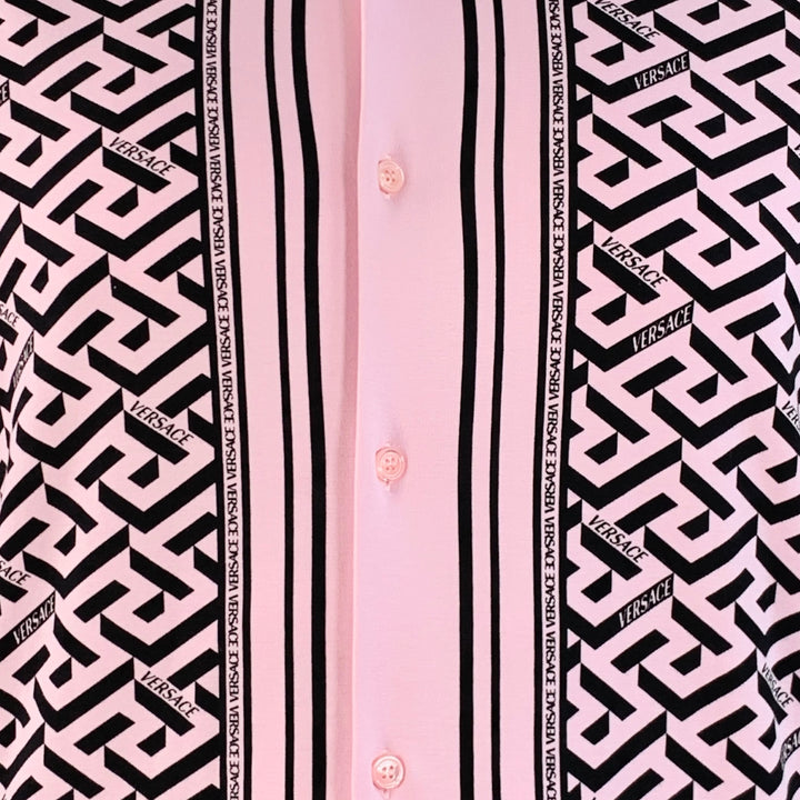 VERSACE Size 48 Pink Black Greca Viscose Point Collar Heritage Fit Long Sleeve Shirt