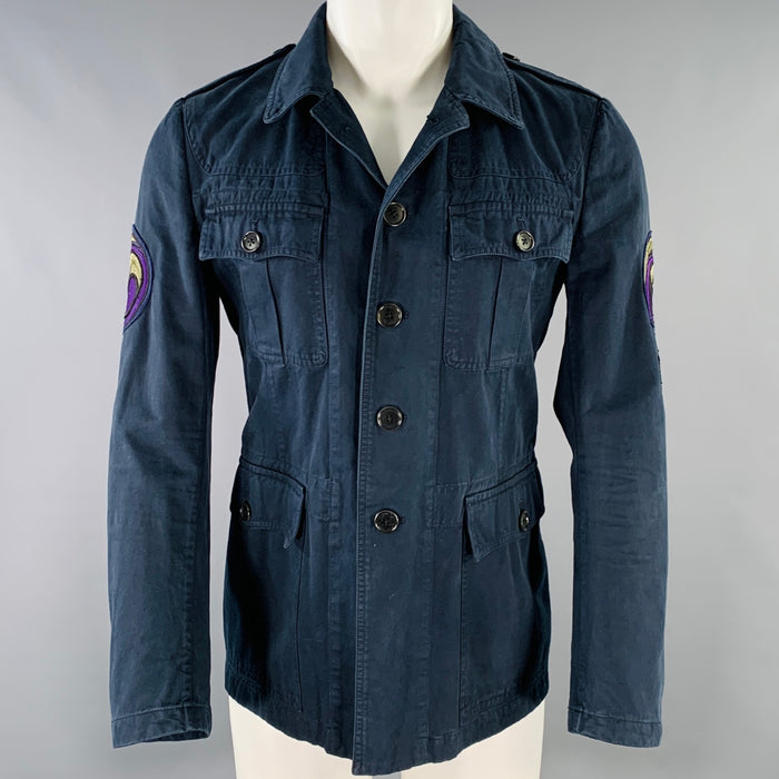 DRIES VAN NOTEN Size 38 Navy Beige White Graphic Cotton Jacket