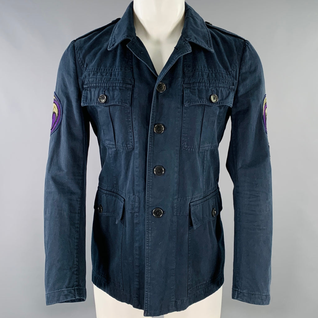 ジャケット・アウター DRIES VAN NOTEN Rayon Jacket navy DRIES VAN NOTEN Size 38 Navy Beige White Graphic Cotton Jacket